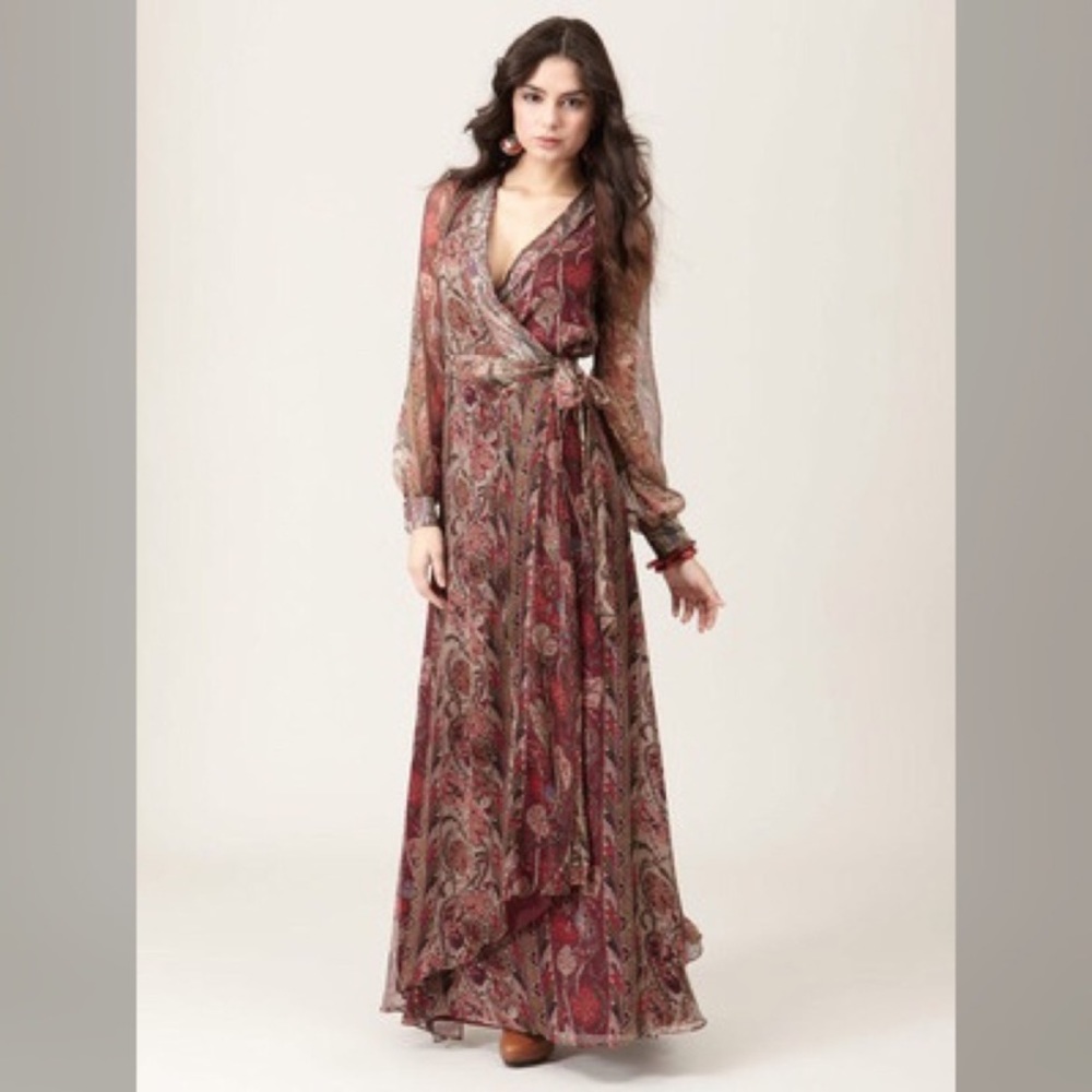 Isabel Lu Long Sleeve Paisley Silk Wrap Maxi Dress in Burgundy